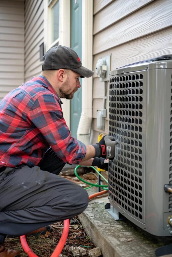 HVAC technician installing a modern air conditioning unit outside a residential home