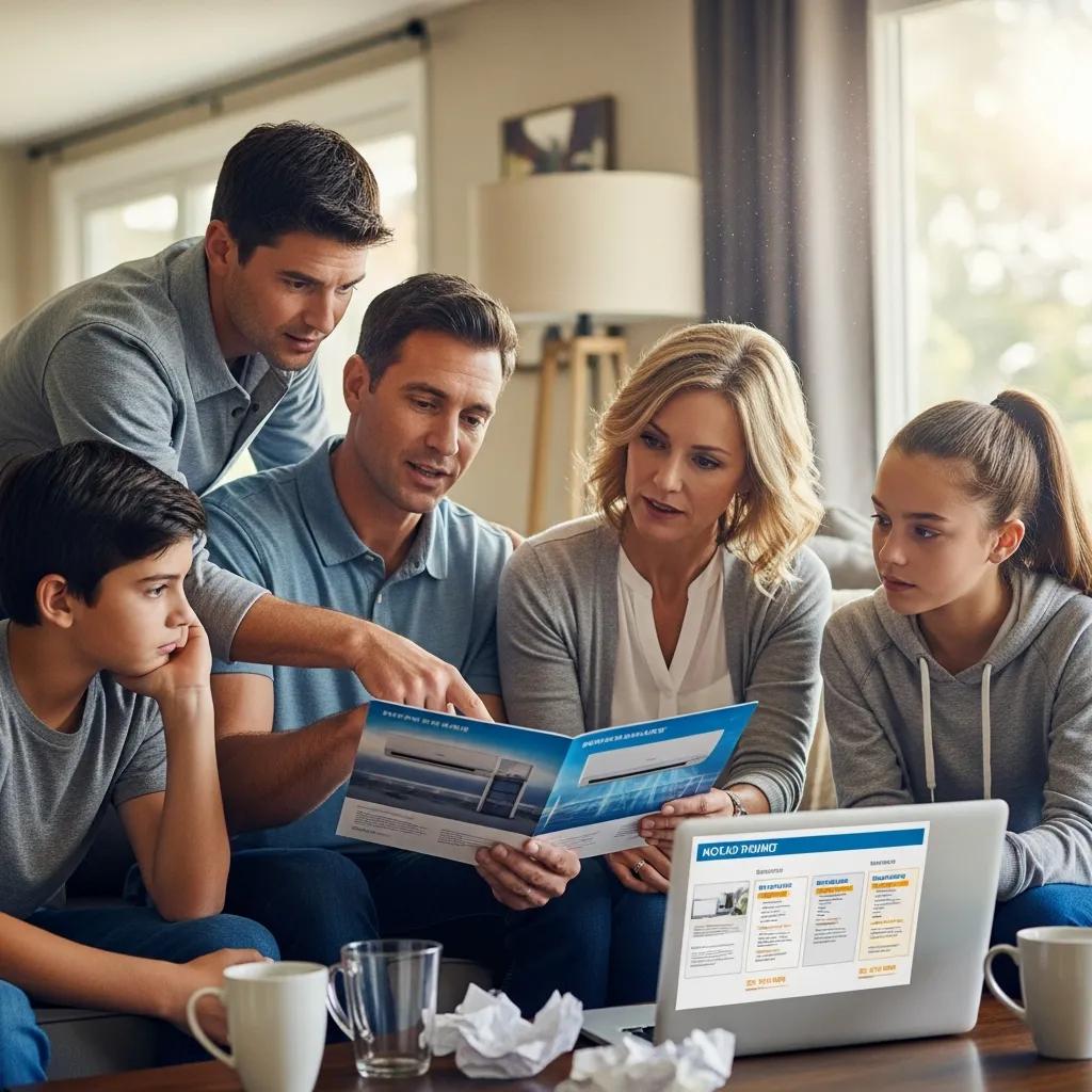 Family discussing financing options for a new air conditioning system in their living room