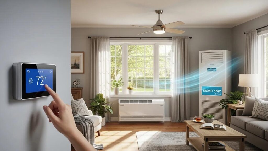 Energy-efficient HVAC equipment in a cozy Arkansas living room