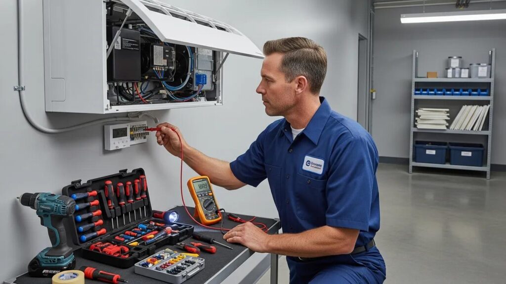 HVAC technician inspecting an indoor air conditioning unit for performance improvement