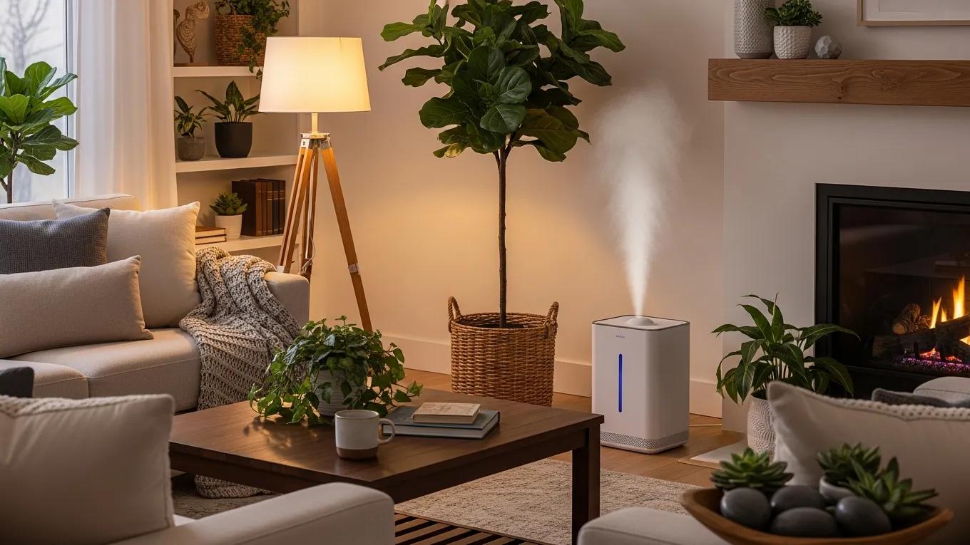 Modern whole-home humidifier in a cozy living room enhancing comfort and health