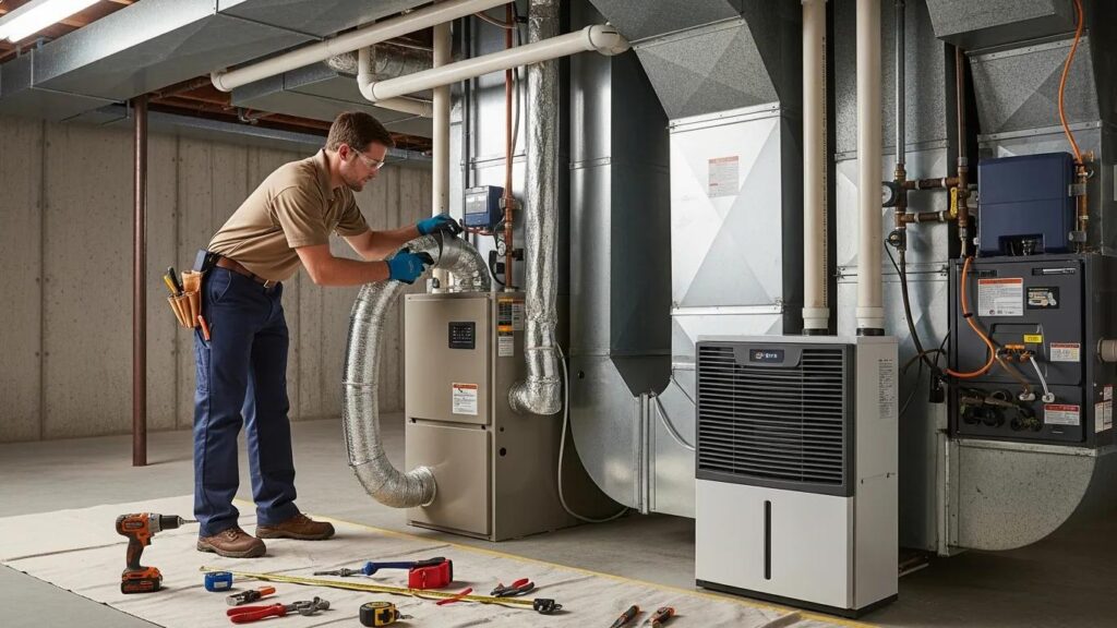 Technician installing a whole-home dehumidifier in a basement for optimal performance