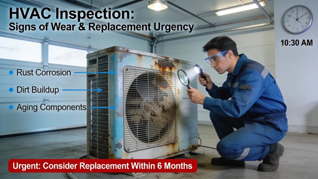 HVAC technician diagnosing air conditioner signs for potential replacement